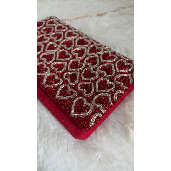 Francesca Clutch Evening Bag Gold Red Beaded Heart Chain Shoulder Strap NWT - Picture 2 of 12